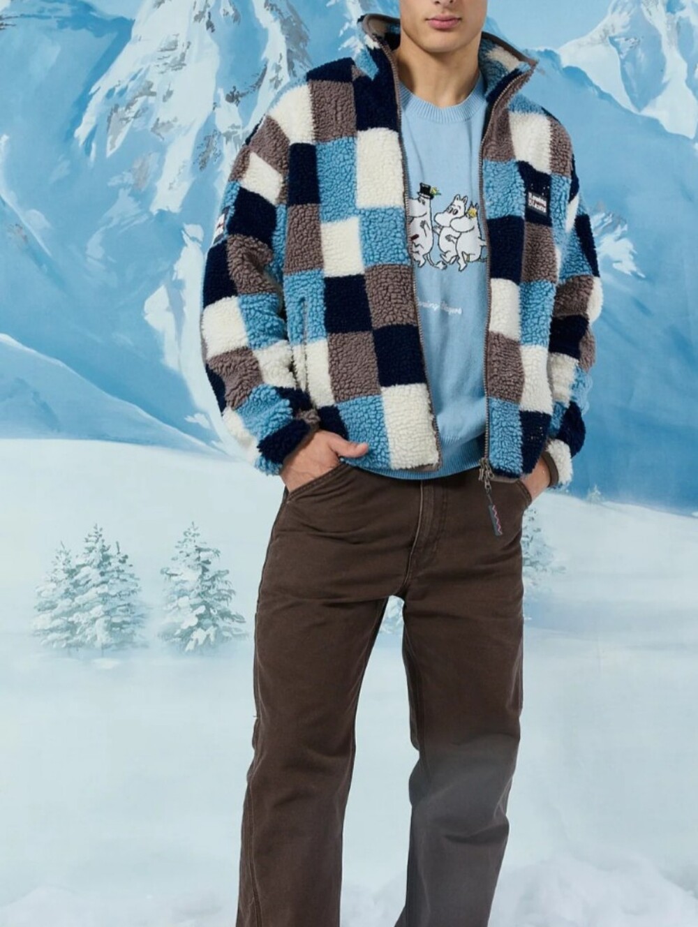 Rowing Blazers Patchwork Navy, Light Blue & Brown Checkered Sherpa Zip Jacket, M